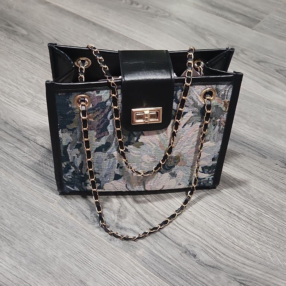 Vintage Faux Leather W/Floral Tapestry Front Turnlock SM Satchel Bag